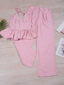 Women's Casual Sleeveless Ruffles Two Piece Set With Long Linen Trousers - Màu Hồng baby - Xem 1