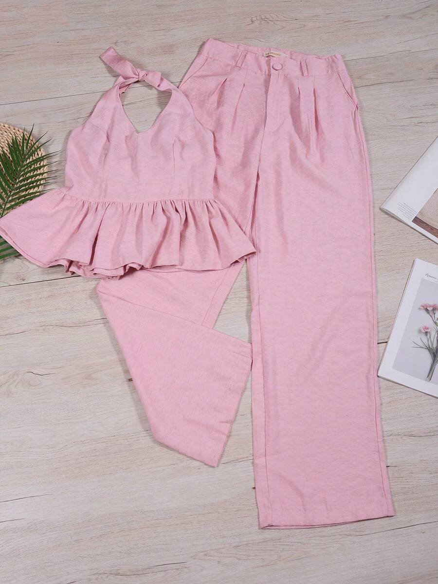 Women's Casual Sleeveless Ruffles Two Piece Set With Long Linen Trousers - Màu Hồng baby - Xem 1