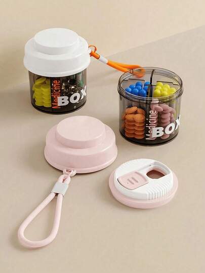 1 علبة أقراص محكمة الإغلاق محمولة، ضروريات السفر، صندوق أدوية صغير متعدد الوظائف، مقاوم للرطوبة، للجنسين، باللون الأبيض والوردي (نمط الغطاء ولون الحبل عشوائي)