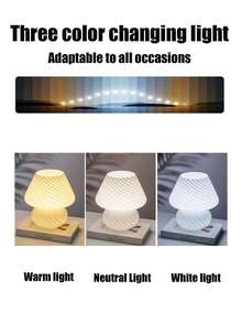 1 pieza Lámpara de mesa con diseño de hongo lindo, patrones a rayas y de lunares, alimentada por USB, ajuste de luz de tres colorBodyerpo de lámpara de vidrio, adecuada para dormitorio, sala de estar, oficina, estudio, lámpara de decoración de habitación, luz nocturna LED, lámpara, decoración de dormitorio, decoraciones navideñas