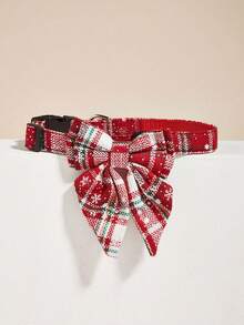 Christmas Pet Collar, Christmas Snowflake Plaid Print Dog Collar, Bow Ribbon Christmas Decor Cat Dog Collar
