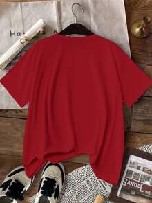 Bow Print Loose Fit Short Sleeve T-Shirt, Spring/Summer - Red - View 3
