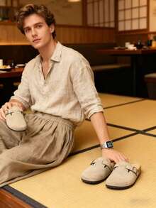 2025 Autumn Men's Casual Solid Color Slip-On Mules & Men's PU Leather, Anti-Slip Rubber Sole Durable Sandals & For Wide Feet, Order One Size Up Or Wide Version