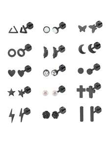 18 对不锈钢耳钉套装女士星月花心叶蛋白石 20G 软骨耳环防过敏平背耳环穿孔珠宝情人节 - 彩色 - 查看 32