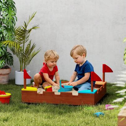 QABA Kids Wooden Sandbox, Castle-Themed Outdoor Sand Pit With Flags, 4 Colorful Built-In Corner Seating, Ground Liner, Gift For Ages 3-7, Backyard, Wooden Brown