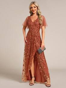 Elegant Sequin Embroidered V-Neck Floral Sequin Gown, Suitable For Galas, Parties, Wedding Guests, Formal And Semi-Formal Occasions Party - Burnt Orange - View 4