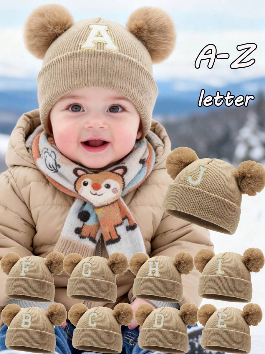 1 件装婴儿 A-Z 字母针织帽 婴儿女孩帽子 儿童无檐便帽 婴幼儿配饰 儿童帽子 弹力 0-3 岁幼儿女孩男孩帽子 - 卡其色 - 查看 1