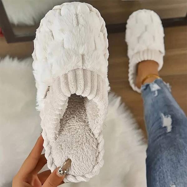 Women's Fashion Simple Plaid Soft Bottom Slippers, Warm Indoor Home Use Autumn/Winter, Thick Sole Couple Fluffy Slippers