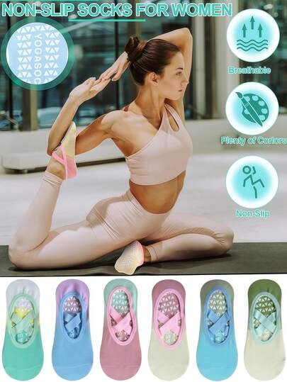 3/4/6 Pairs Pilates Socks Set, Gradient Criss-Cross Strap Design, Non-Slip & Grip Socks For Women, Suitable For Dance, Gym, Pilates, Yoga, Hospital, Barre Workout