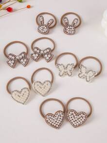 10pcs Girls Bowknot/Heart/Rabbit Rhinestone Decor Hair Accessories, Cute Princess Hair Ties, Elastic Hair Bands, Hair Scrunchies, Non-Damaging - Multicolor - View 3