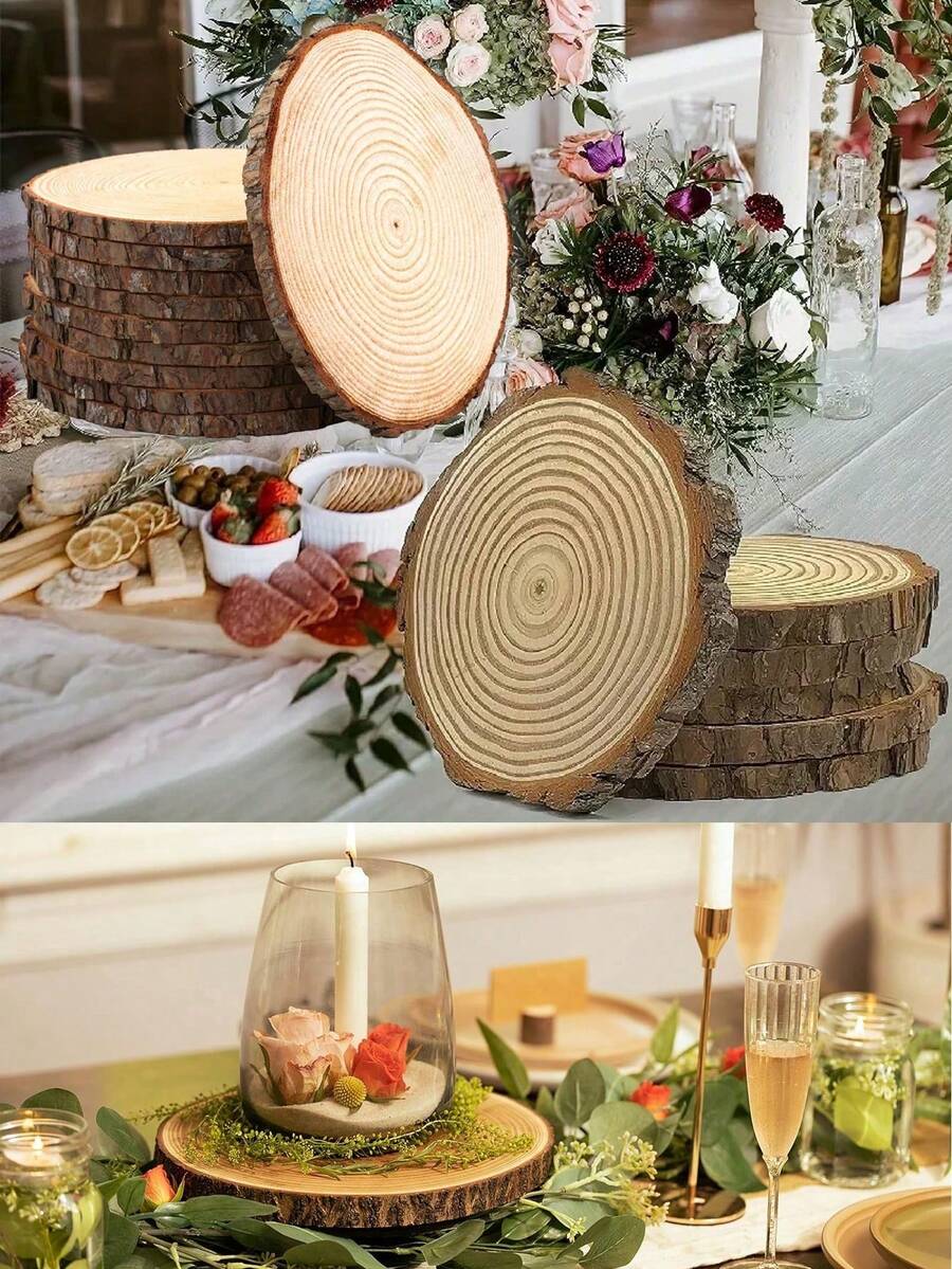 20pcs Natural Round Wooden Slices, Rustic Candle Holders, Suitable For Dining Table, Wedding, Birthday, DIY Crafts And Home Decor