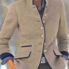 Women'S Casual Chic Beige Jacket With Stand Collar & Button Front - Long Sleeve, Button-Up Front, Flap Pockets, All-Season Versatile Outerwear For Casual Attire, Versatile Fashion | Classic Collar Design | Structured Fit Jacket, Elegant Blazer For Women, Elegant Office Blazer For Women, Elegant And Casual Blazer For Women - 卡其色 - 查看 1