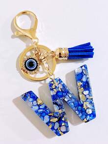 26pcs Bohemian Style Gemstone Blue Resin Letter Keychains, Bag Charms With Evil Eye And Tassel Decor, Holiday/Birthday Party Favors Christmas Gift Car Accessories Teacher Friend Sister Gift Ideas - Royal Blue - View 14