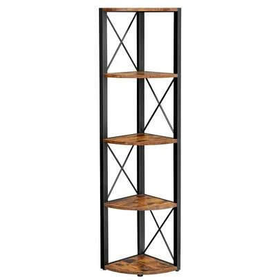 5 Tier Corner Shelf, Storage Shelf Unit Multi-Purpose Bookshelf Plant Stand, For Living Room, Bathroom, Kitchen, Bedroom, Office, Easy To Assemble, Industrial Rustic Brown And Black
