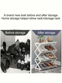 四层Z字形鞋架，塑料落地式储物架，多功能大容量储物架，易于组装的落地式收纳架，适用于客厅，无需工具，可堆叠，居家和宿舍必备，节省空间，适用于走廊、衣柜、客厅、卧室