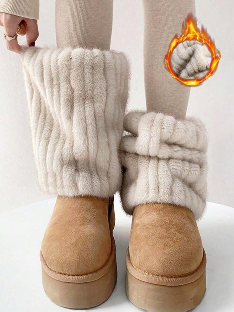 1 Pair Women's Wool Leg Warmers, Warm & Fluffy Socks For Autumn/Winter - Khaki - View 1