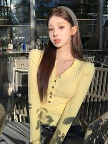 简约设计修身针织毛衣，女式，修身长袖打底衫，秋冬 - 黃色 - 查看 1