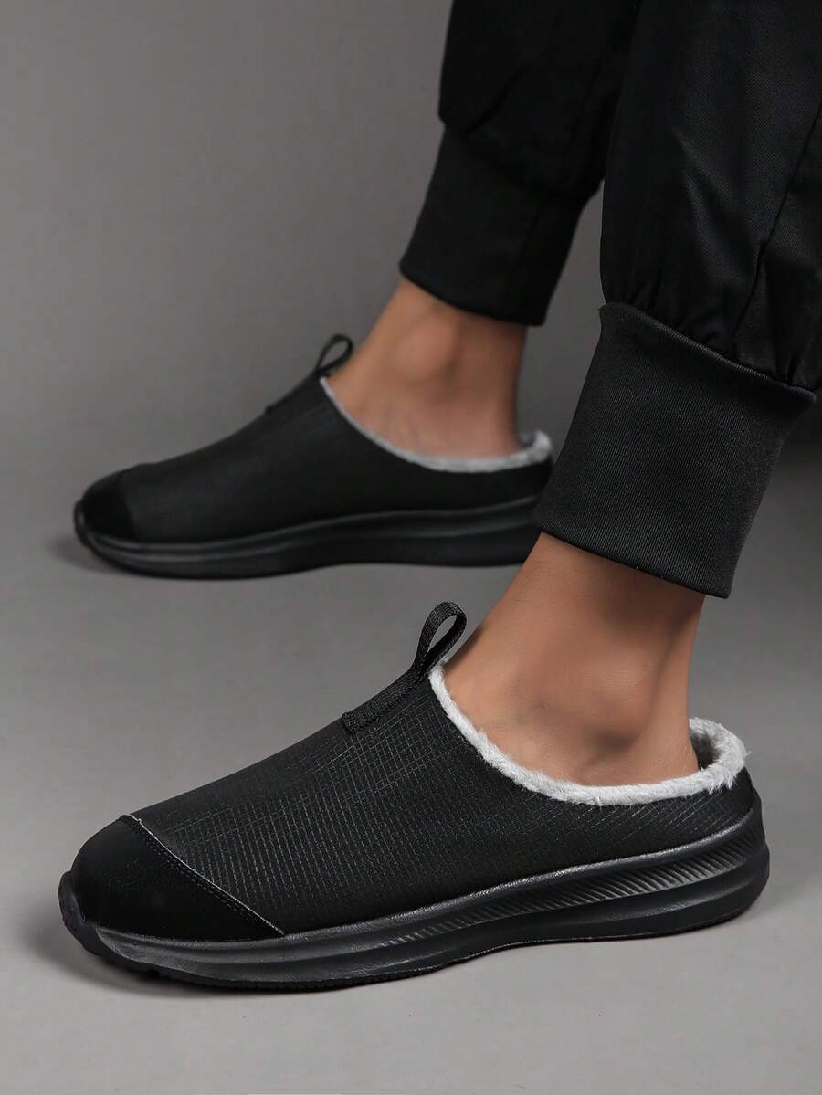 男士冬季拖鞋，保暖内衬，软底，防滑，室内/室外休闲拖鞋 - 黑與白 - 查看 1