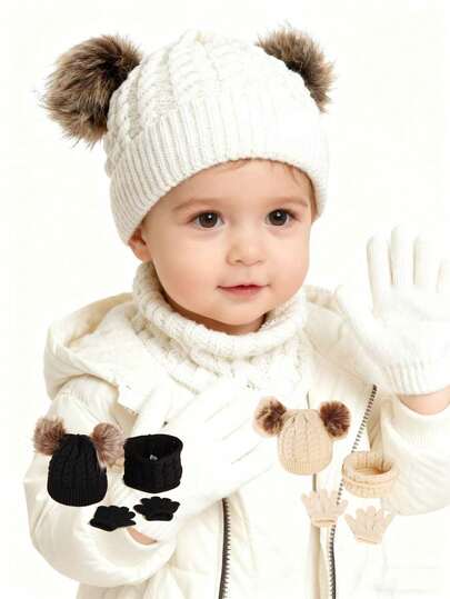 3pcs Baby Knitted Hat, Scarf And Gloves Set, Warm Winter Accessories For Toddlers 0-2 Years Old
