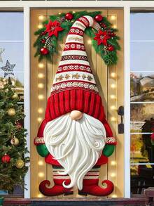 1 Stück Rotkäppchen-Zwerg mit Poinsettia-Kranz-Muster Weihnachts-Türverkleidung, festlicher Polyester Tür-förmiger Hängedekoration mit leuchtend roten Ornamenten, grünem Blattwerk und Lichterketten-Details, waschbar für Innen- und Außenbereich, perfekt als Weihnachts-Türdekoration und Akzent für Weihnachtsfeierlichkeiten, winterliche Festveranstaltungen