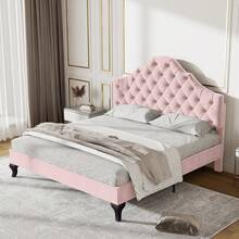 Upholstered Bed 140*200 With Slatted Base And Headboard, Upholstered Bed With Height-Adjustable Headboard, For Adults And Teenagers, Wooden Slats, Easy Assembly, Velvet, Pink - Pink - View 12