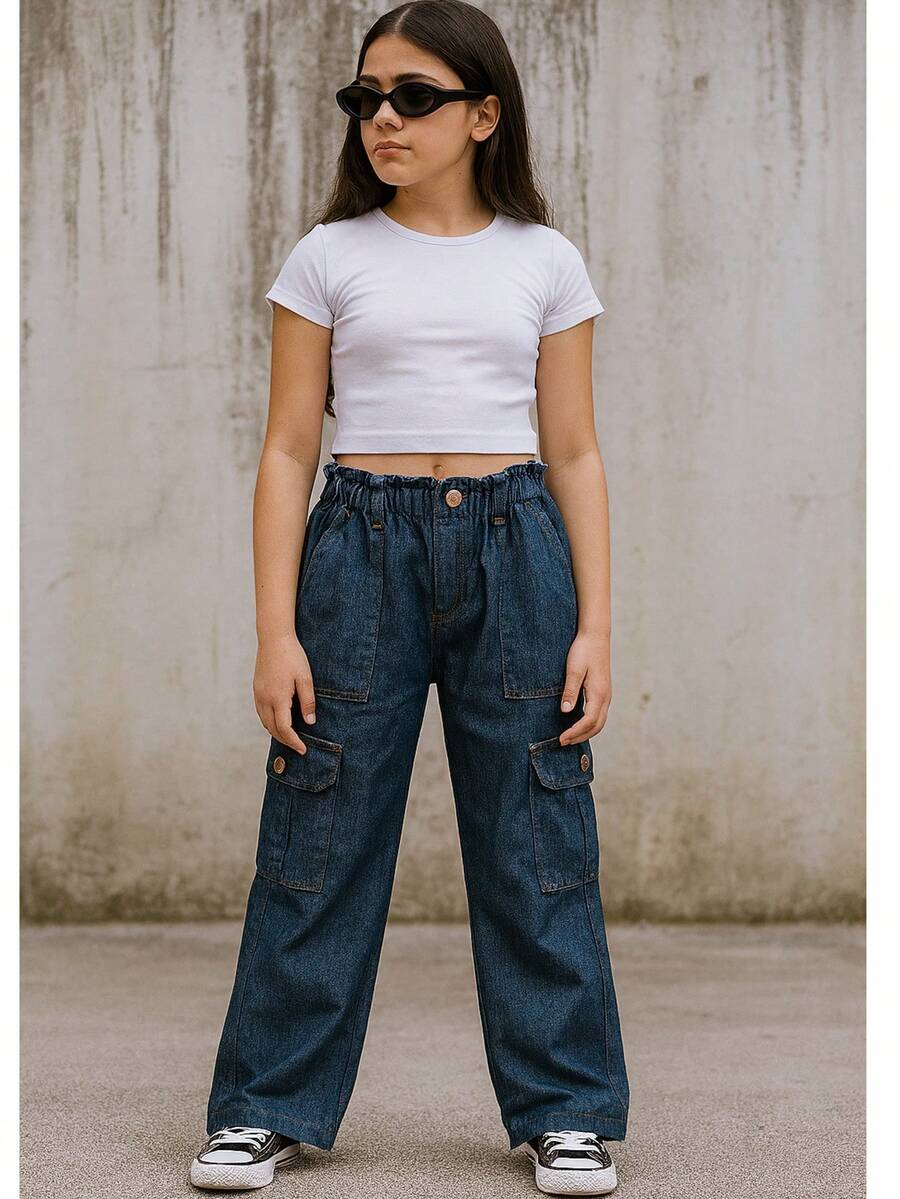 Women's Youth Cargo Jeans With Side Pockets - 寶藍色 - 查看 1