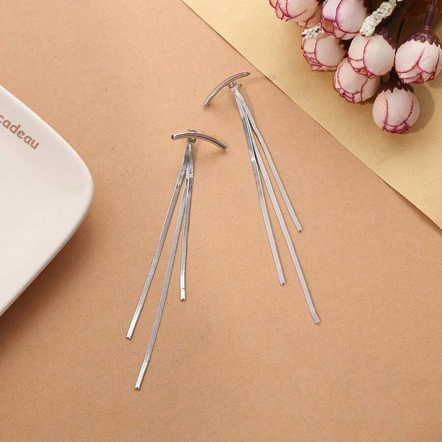 Muse Style Long Fringed Earrings, Slender And Simple Cool S925 Silver Needle Earrings, Women's Elegant Jewelry - Bạc - Xem 1