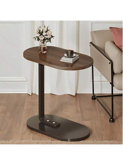 1pc Oval Side Tafel Removable Edge Space Saving Hardwood Sofa Coffee Living Room Or Bedroom, Moderne Wooden Top Metal Frame, Multi Tier Coffee, Snacks, Books Minimalist Tabletop, view 5