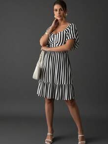 Women's Striped Short Dress With Puff Sleeves And Ruffles - Casual And Elegant Summer Fashion. Ruched Ruffle Hem - Black - View 2