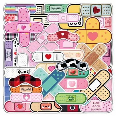 50Pcs Cute Cartoon Bandaids Aesthetic Stickers Pack Dopamine Style Kawaii Bandages Scrapbook Stickers Bandages Decoration Vinly Waterproof Stickers For Water Bottle,Computer,Laptop,Phone,Luggage,Notebook,Fridge
