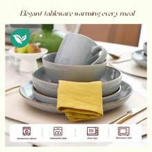 HomeVss Eur-Nordic Shape Raising Rim 20pc Dinnerware Set, Shiny Glaze Blue With Speckle Effect - 灰色 - 查看 4