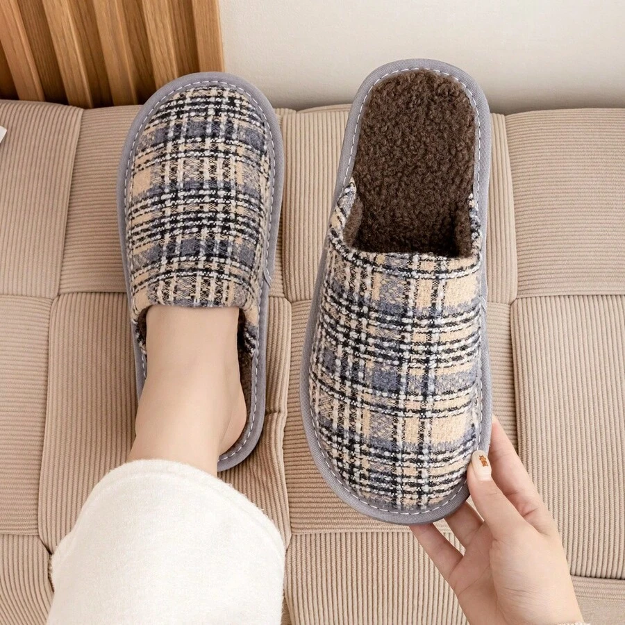 Women's Fashion Plaid Thermal Lined Slippers, Bohemian Style Thick Warm Indoor House Slippers, Couples - Fog Blue Grid - View 1