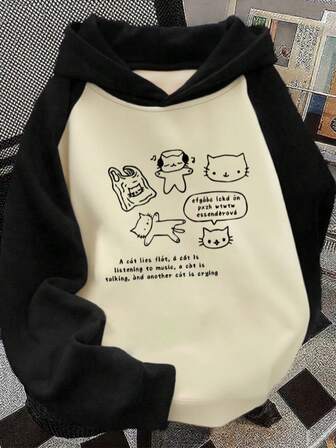 1 pièce Sweat-shirt-shirt ample à thème chat coloré et dynamique pour adolescentes, avec patchwork et blocs de couleurs, à capuche, manches longues, idéal pour la rentrée scolaire et la remise des diplômes