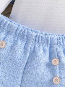 Baby Girls' Cute Furry Collar Cardigan, Solid Color Long Sleeve T-Shirt With Faux Pocket, And Furry Shorts 3-Piece Set With Matching Beret Hat, Elegant And Warm Outfit For Girls, Suitable For Spring/Autumn Outings - Blue - View 8