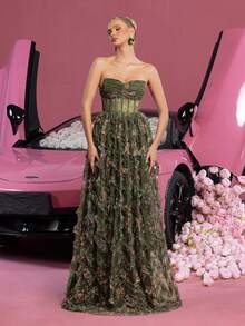 优雅女士印花无肩带长款晚礼服 - 多层荷叶边设计，色彩鲜艳 - 适合婚礼、晚宴、夏季派对、红毯活动和新娘送礼会 - 橄欖綠 - 查看 3