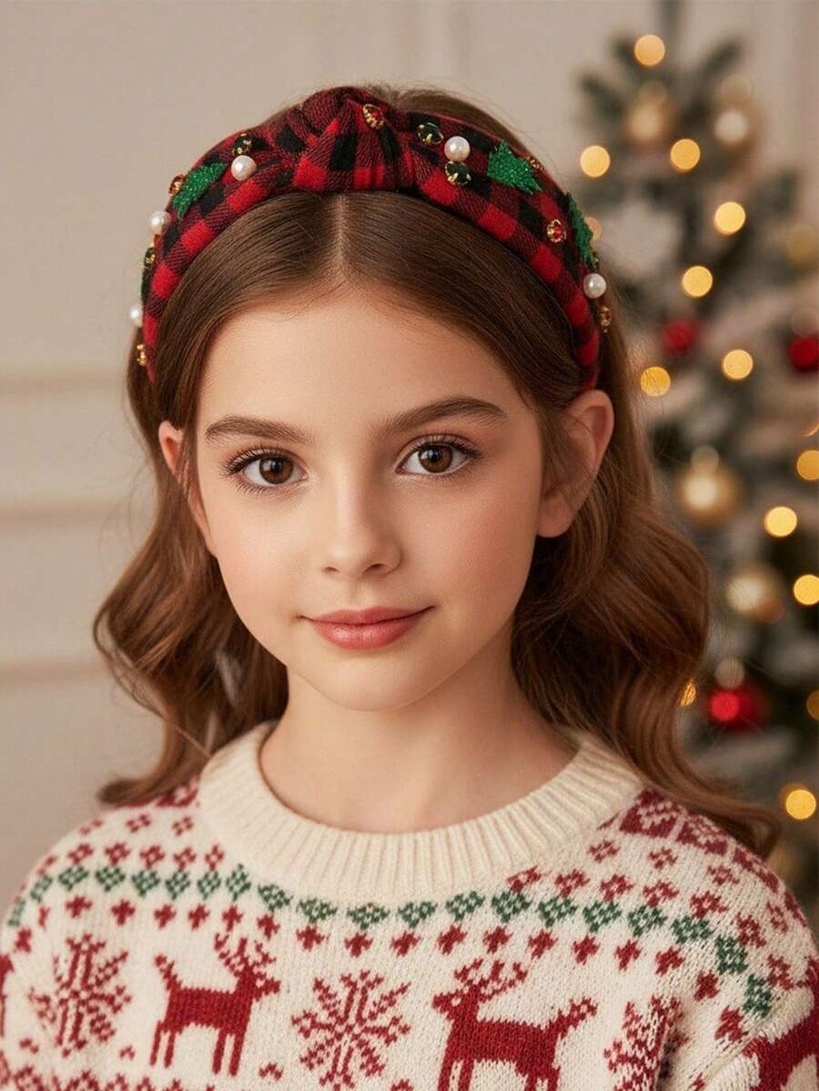 1 Băng đô cây thông Noel đính ngọc trai giả kim cương giả hình kẻ caro trang trí Giáng sinh, thích hợp đeo hàng ngày, biểu diễn ngày lễ, chụp ảnh, sự kiện theo chủ đề Giáng sinh - Nhiều màu - Xem 1