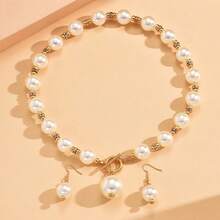 European And American Simple And Fashionable Round Imitation Pearl Necklace Earring Set - White - View 3