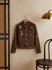男式前扣长袖口袋做旧休闲牛仔夹克 - 棕色 - 查看 3