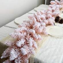 1pc 9ft Christmas Snowflake Pink Flocked Garland, Artificial Winter Frosty Holiday Pine & Cedar Tree Branches, Perfect For Xmas Tree Stairs Fireplace Decorations, Christmas Decorations, Christmas Tree Decorations, Party Decorations, Room Decor, Home Decor And Holiday Essential Christmas Decorations Home Christmas Gifts Christmas Decor - Multicolor - View 1