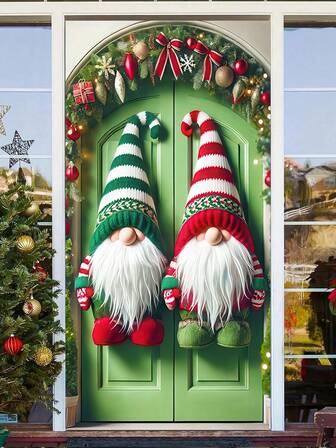 1 Pc Pair Of Red - Green Striped Hat Gnomes Pattern 2D Christmas Door Cover, Festive Style Polyester Door - Shaped Hanging Decor With Vivid Knitted Hat Details, Plush Gloves & Cozy Boots, Washable For Indoor And Outdoor Use, Perfect For Christmas Door Decoration, Adding A Cheerful Vibe To Holiday Parties, Ideal For Christmas Celebrations And Winter Festive Home Decor