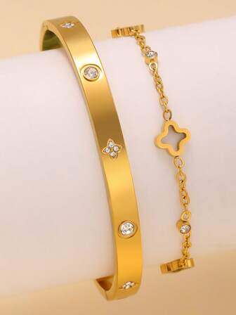 1 طقم سوار من الفولاذ المقاوم للصدأ على شكل رباعي أوراق البرسيم للنساء، مناسب للحفلات والتجمعات والاستخدام اليومي