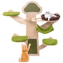 Wall-Mounted Cat Tower W/ Bed Hammock Sisal Scratching Post & Mats Cushions - 綠色和棕色 - 查看 10