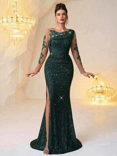 Elegant Women's Dark Green High Waist Pleated Fitted Floral Decor Asymmetric Hem Long Sleeve Formal Dress, Suitable For Formal Occasions, Galas, Wedding Guests, Graduation Ceremonies, Dinner Parties