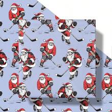 Hockey Santa Wrapping Paper Roll, Roll, Santa Playing Hockey With Snowy, Blue Holiday Wrap, Teens, Hockey Fans, Xmas Gifts, 17 Inchesx 16.4 Feet - Hockey Santa - View 3
