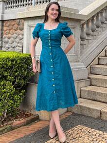 Women's Midi Dress, Casual, Elegant, Cotton, Daily - Teal Blue - View 11