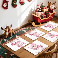 1 pieza/4 piezas/6 piezas/100 piezas Vajilla con patrón de muñeco de nieve rosa navideño, aislante térmico, de poliéster lavable a máquina, vajilla protectora, decoración central, decoración diaria para sala de estar familiar, adecuada para decoración de reuniones grupales - Multicolor - Ver 6