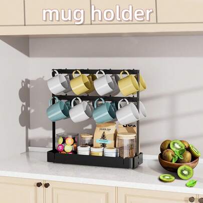NetHong Soporte para tazas de café de encimera, organizador de aluminio con 16 ganchos extraíbles, soporte de doble capa con estante de almacenamiento para bar, comedor, cocina, almacenamiento de tazas de cocina, almacenamiento de tazas de café, accesorios de café