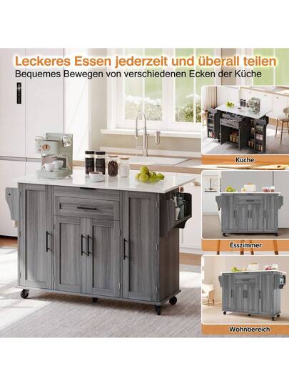 120*45cm, Mobile Kitchen Isl Trolley, Worktop Extends Up To 70cm, Hidden Cutlery Drawer, Adjustable Shelves, Spice Rack Towel Holder, Kitchen, Dining Room Or Living view 2