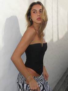 Women Bustier Corset Top Y2k Strapless Tie Back Boned Overbust Tube Crop Tops Going Out Club Shapewear - Black - View 5