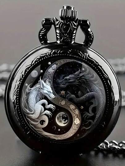 Vintage Yin Yang Wolf Design Quartz Pocket Watch, Black Alloy Case With Chain - Ideal Gift For Teenagers, Watch Collectors | Yin Yang Pattern | Metal Chain